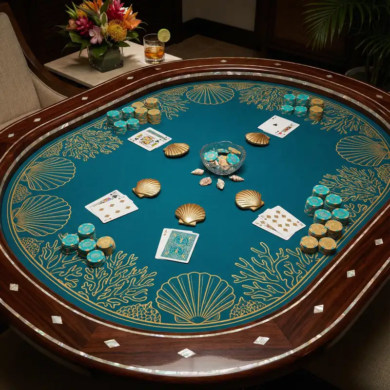Mesa de bacará elegante con cartas y fichas doradas estilo tropical